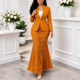 Women’s Plus Size Slim Waist Blazer Lace Mermaid Skirt Two-Piece Set