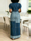 Women’s Summer Fashion Casual Denim Top Patchwork Skirt Two-Piece Set