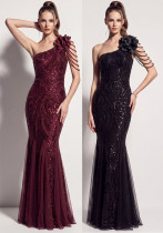 Women’s Formal Party One Shoulder Sequin Beaded Mesh Mermaid Long Dress Women’s Formal Party One Shoulder Sequin Beaded Mesh Mermaid Long Dress