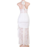 Women’s Halter Neck Lace Patchwork See-Through Chic V-Neck Slim Waist Long Dress