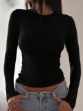 Women’s Round Neck Cropped Long Sleeve T-Shirt Slim Fit Basic Stretch Top