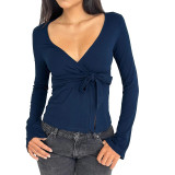 Women’s Slim Fit Elegant Chic V-Neck Lace-Up Long Sleeve Top