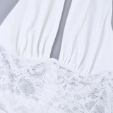 Women’s Halter Neck Lace Patchwork See-Through Chic V-Neck Slim Waist Long Dress