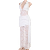Women’s Halter Neck Lace Patchwork See-Through Chic V-Neck Slim Waist Long Dress