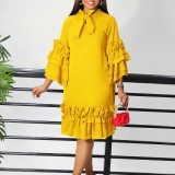 Women’s Summer Fall Casual Ruffle Bell Bottom Sleeve Plus Size Dress
