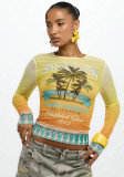 Women’s Gradient Palm Tree Print Long Sleeve Mesh Slim Fit Cropped T-Shirt
