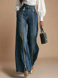 Women’s Dark Blue Washed High-Waisted Pleated Long Zipper Wide-Leg Denim Pants