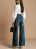 Women’s Dark Blue Washed High-Waisted Pleated Long Zipper Wide-Leg Denim Pants