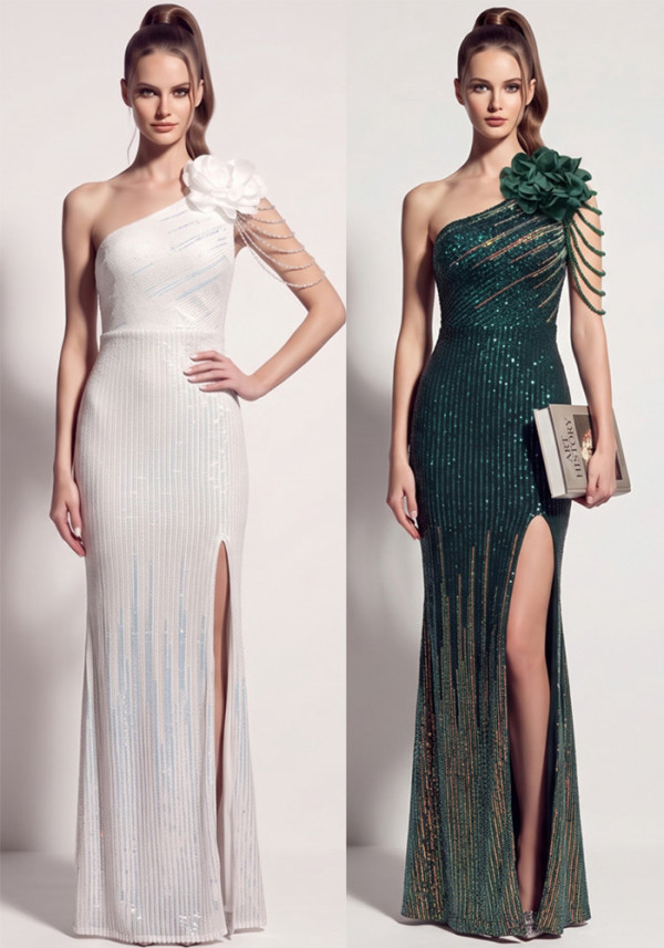 Women’s Formal Party Plus Size Slash Shoulder Gradient Sequin Floral Slit Long Dress