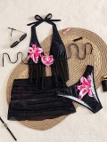 Women’s Print Slim Fit V-Neck Lace Patchwork Sexy Holiday Print Three-Piece Skirt Bikini Swimsuit