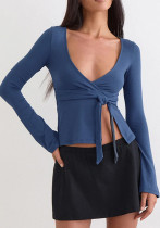 Women’s Slim Fit Elegant Chic V-Neck Lace-Up Long Sleeve Top Women’s Slim Fit Elegant Chic V-Neck Lace-Up Long Sleeve Top
