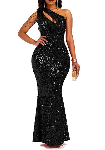 Women Beaded One-Shoulder Solid Backless Mermaid Sequin Dress