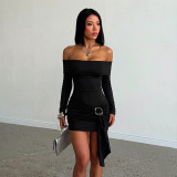 Women’s Fall Off Shoulder Long Sleeve Ribbon Slim Fit Chic Short Dress
