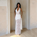 Women’s Halter Neck Lace Patchwork See-Through Chic V-Neck Slim Waist Long Dress