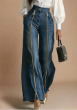 Women’s Dark Blue Washed High-Waisted Pleated Long Zipper Wide-Leg Denim Pants