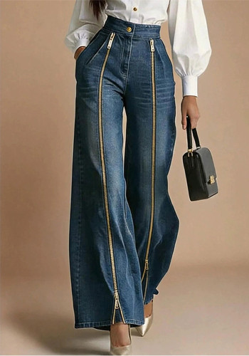 Women’s Dark Blue Washed High-Waisted Pleated Long Zipper Wide-Leg Denim Pants