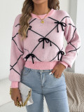 Women’s Fall Winter Fashion Contrast Bow Puff Sleeve Sweater