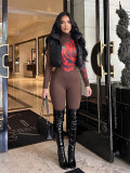 Women’s Rose Print High Neck Long Sleeve Tight Fitting Stretch Basic Jumpsuit