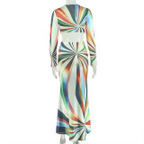 Women’s Beach Fashion Color Block Crop Long Sleeve U-Neck Two-Piece Skirt Set