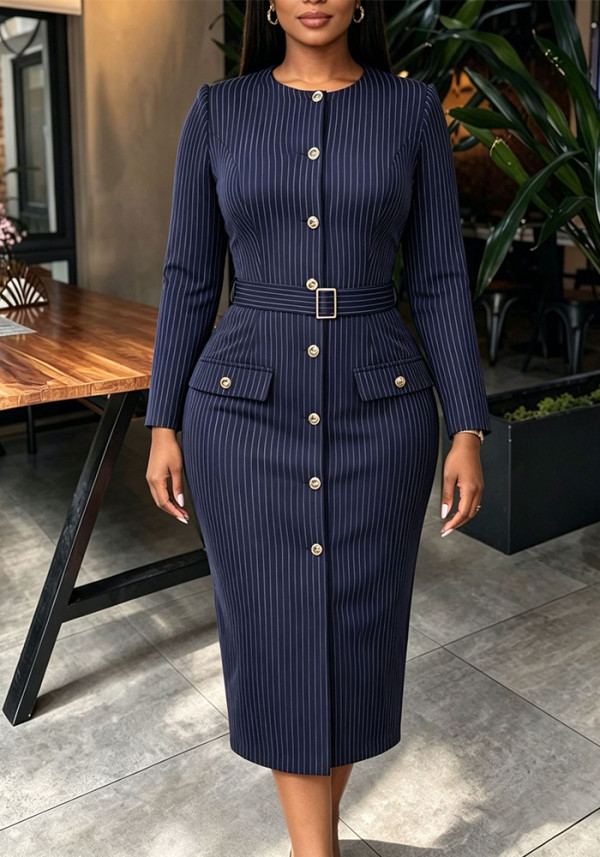 Women’s Fall Striped Chic Slim Fit Bodycon Slim Waist Single-Breasted Career Dress