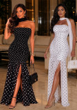 Women’s Strapless Polka Dot Halter Neck Ribbon Slim Fit Bodycon Long Dress