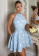Women’s Halter Neck Jacquard Tank Dress Slim Waist Slim Fit Flared Mini Evening Dress