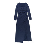 Women’s Sexy Long Sleeve Square Neck Slim Waist Chic Slit Evening Dress