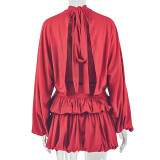 Women’s Spring Fall Casual Solid Color Round Neck Long Sleeve Loose Pleated A-Line Dress