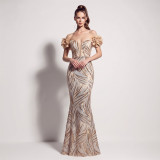 Women’s Formal Party Plus Size Fishbone Slim Waist Lace-Up Sequin Floral Long Dress