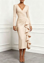 Women Autumn Solid V-Neck Long Sleeve Ruffle Slit Dress
