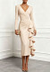 Women Autumn Solid V-Neck Long Sleeve Ruffle Slit Dress