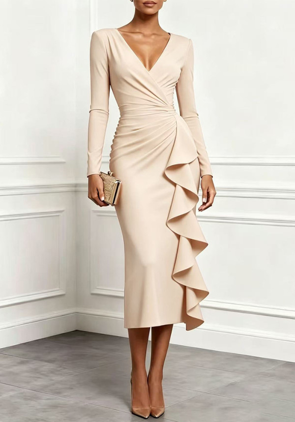 Women Autumn Solid V-Neck Long Sleeve Ruffle Slit Dress