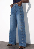 Women Side Double Row Button Denim Pants