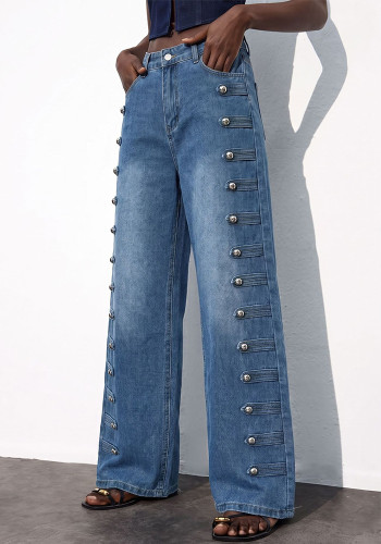 Women Side Double Row Button Denim Pants