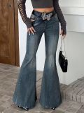 Women American Washed Denim Bell Bottom Pants