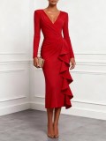 Women Autumn Solid V-Neck Long Sleeve Ruffle Slit Dress