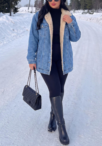 Women Autumn Winter Fleece Lined Long Sleeve Sherpa Denim Jacket