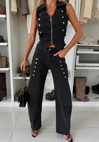Women Casual Metal Button Sleeveless Denim Vest Two Piece Set