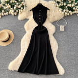 Women Cutout Metal Buckle Mock Neck Autumn Winter Elegant Basic Knitting Maxi Dress