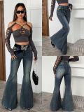 Women American Washed Denim Bell Bottom Pants