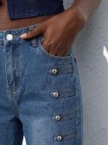 Women Side Double Row Button Denim Pants