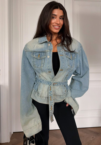 Women American Turndown Collar Washed Denim Long Sleeve Jacket