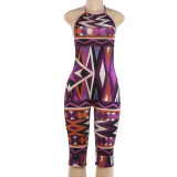 Women Summer Printed Sleeveless Halter Neck Backless Jumpsuit