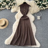 Women Cutout Metal Buckle Mock Neck Autumn Winter Elegant Basic Knitting Maxi Dress