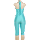 Women Summer Metallic Halter Neck Backless Top & Pants Two Piece Set