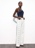 Women Side Double Row Button Denim Pants