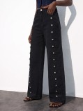 Women Side Double Row Button Denim Pants