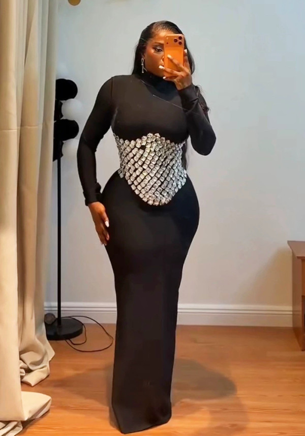 Women Rhinestone Bandage Maxi Dress