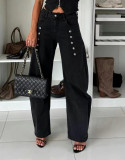 Women Casual Metal Button Sleeveless Denim Vest Two Piece Set