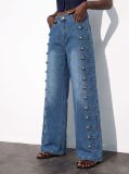 Women Side Double Row Button Denim Pants